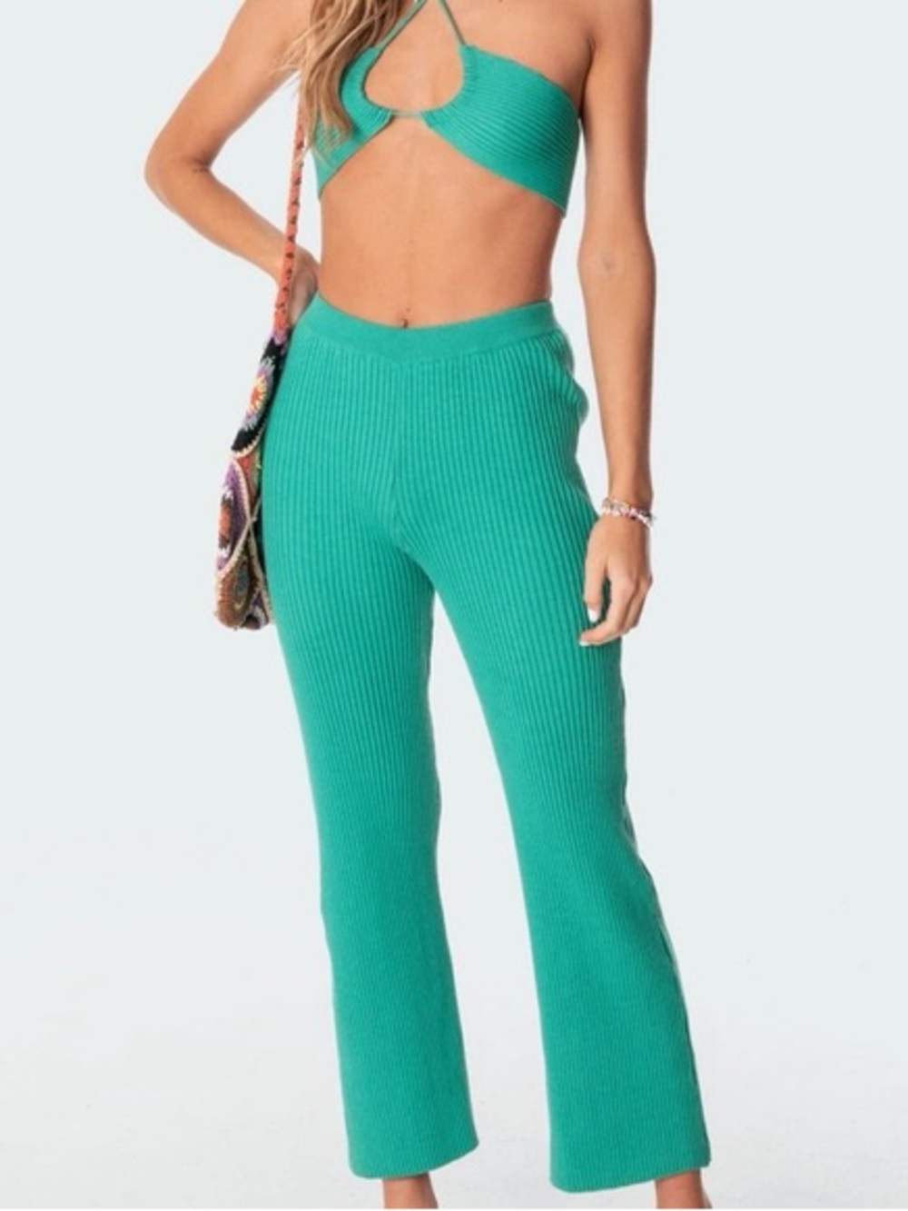 Edikted‎ Kyra knitted Flare Pants in Teal Green